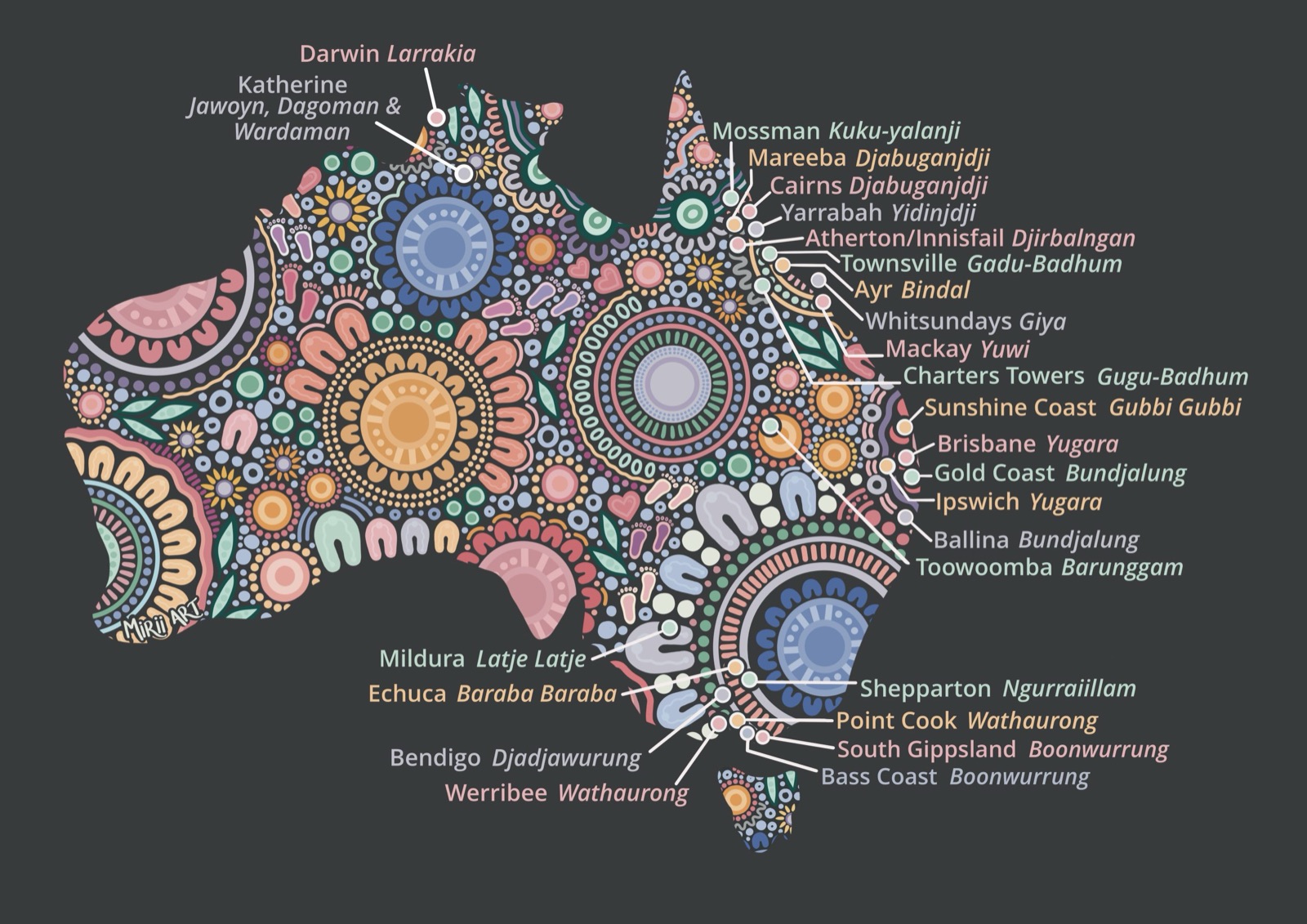 Artwork by Mirii Art mapping i'ara's service locations alongside the Traditional Country names of each region
